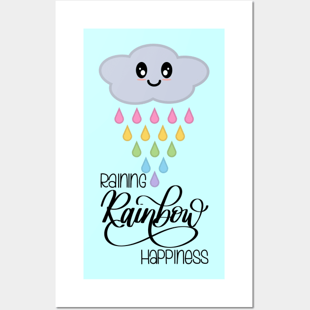 Raining Rainbow Happiness Kawaii Cute Rain Cloud in Blue Wall Art by Kelly Gigi